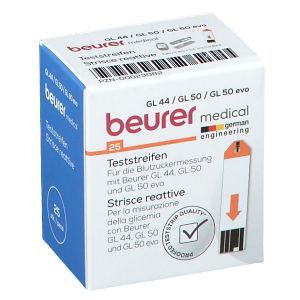 Beurer Blood Glucose Test Strips For Glucometer Gl44/gl50/gl50evo 25 Pieces