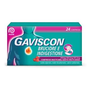 Gaviscon Bruciore e Indigestione 24 Compresse Masticabili 250mg +106,5mg + 187,5mg Gusto Frutti Rossi