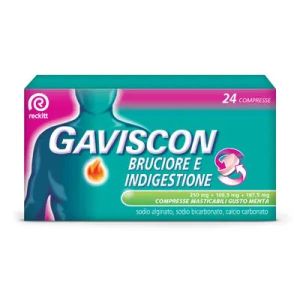 Gaviscon Bruciore e Indigestione 24 Compresse Masticabili 187,5mg + 106,5mg + 250mg Gusto Menta