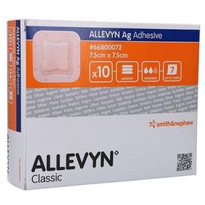 Medicazione Idrocellulare Sterile Altamente Assorbente Adesiva In Schiuma di Poliuretano Allevyn Adhesive Ag 7,5x7,5cm 10 Pezzi