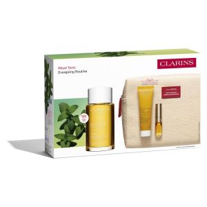Clarins Set 80083866 Huile Tonic  100ml Retail Product + 80083885 Bain Aux Plantes Tonic 30ml Trial Size + 80084603 Lipcomfort Oil Honey 01 1,4ml + 80115621 Empty Pourse Aroma