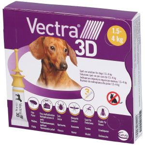 Vectra 3d Spot-on Soluzione 3 Pipette 0,8ml 44mg + 3,9mg + 317mg Cani da 1,5 A 4 Kg, Tappo Giallo