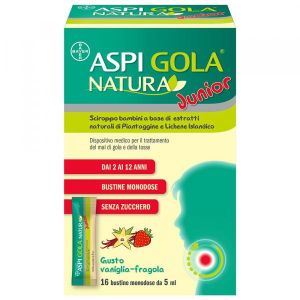 Aspi Gola Natura Junior Sciroppo Bambini Mal di Gola e Tosse Vaniglia e Fragola 16 Bustine 5ml