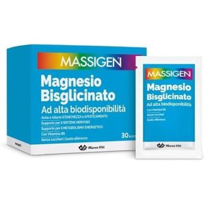 Massigen Magnesio Bisglicinato Adulti Alta Biodisponibilita' 30bustine 5g Gusto Albicocca Senza Zuccheri, Glutine e Lattosio