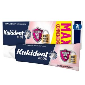 Kukident Plus Barriera Anti-cibo Crema Adesiva per Dentiere Totali e Parziali Sapore Neutro 57ml